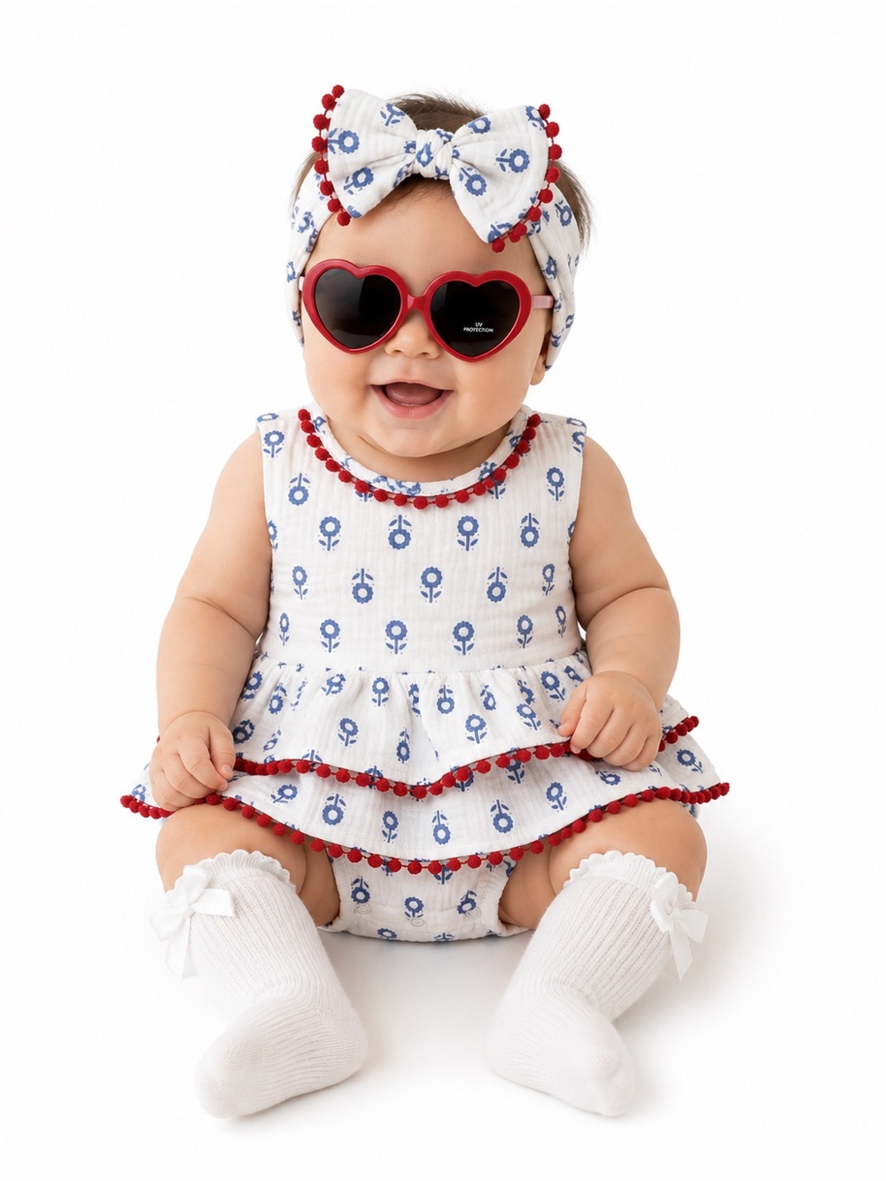 NEW - Rachel Zoe Baby 4 Piece Floral Romper Headband Sunglasses Set 3-6M